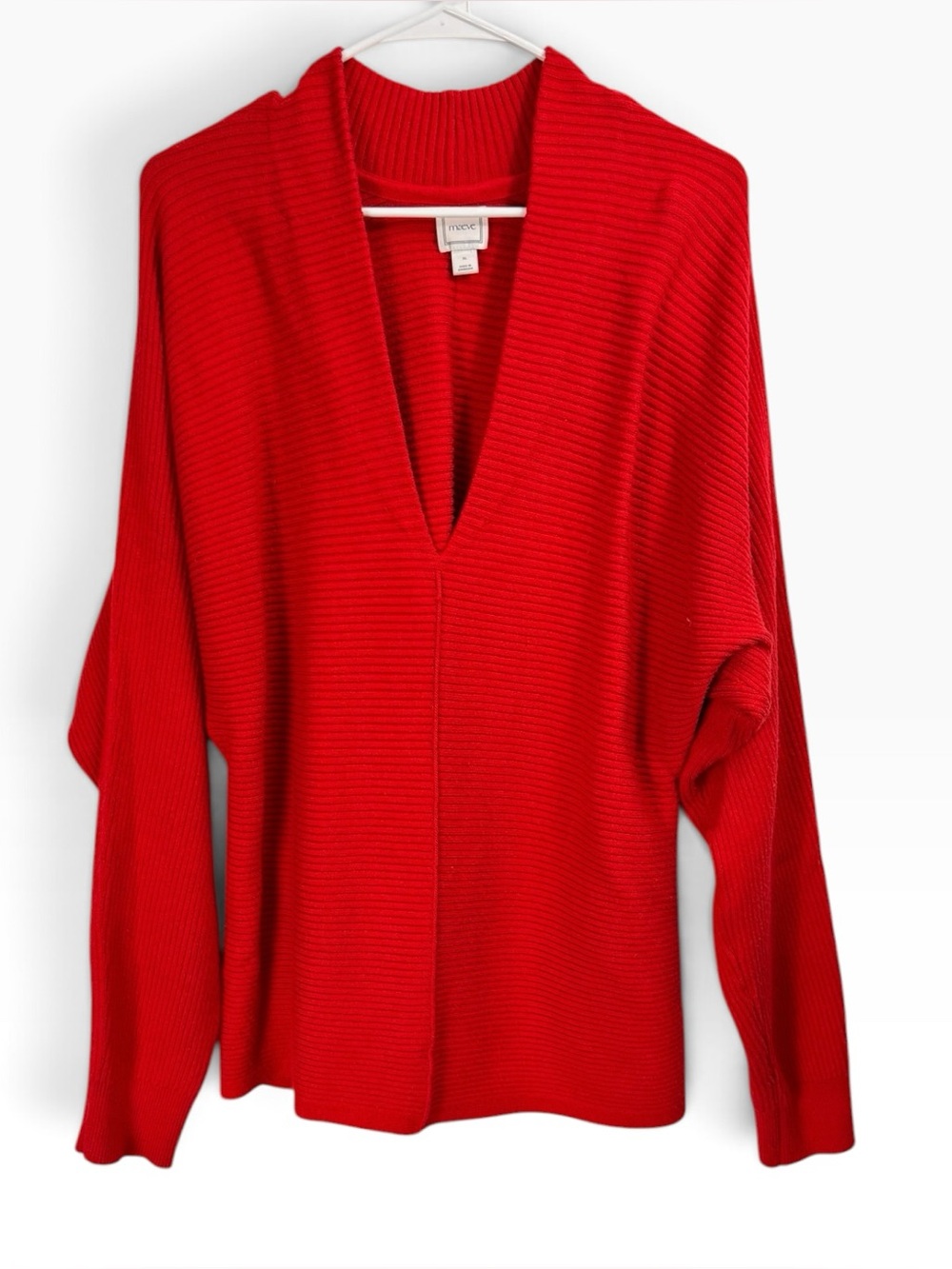 Anthropologie Maeve Size XL Red Plunge Neck Seamed Ribbed Tunic Sweater Classic